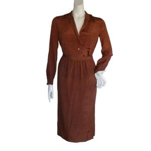 Vintage CALVIN KLEIN Skirt Set, S/XS, Lightweight Silk, 2 piece Top/Skirt, Brown